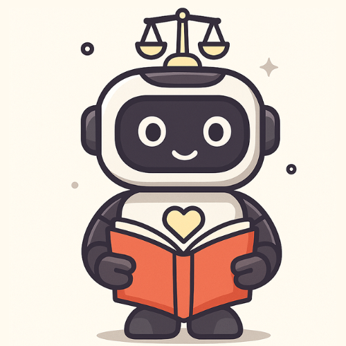 Ilustración de un robot con expresión amigable, sosteniendo un libro rojo y mostrando una balanza de justicia sobre la cabeza. Representa el código de ética en el uso de la IA para autores.