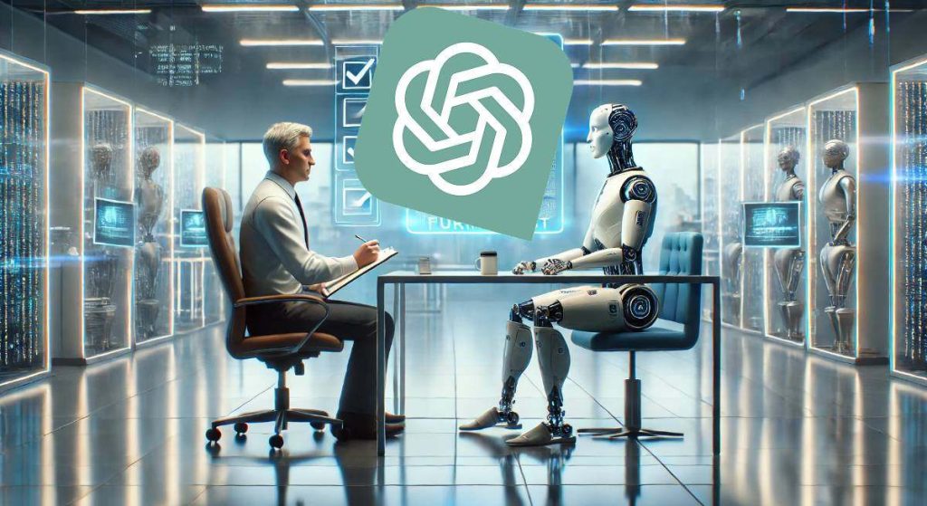 Ilustración futurista de un robot humanoide siendo entrevistado por un humano, con el logo de OpenAI en el centro, representando la prueba de Turing y el avance de la inteligencia artificial.