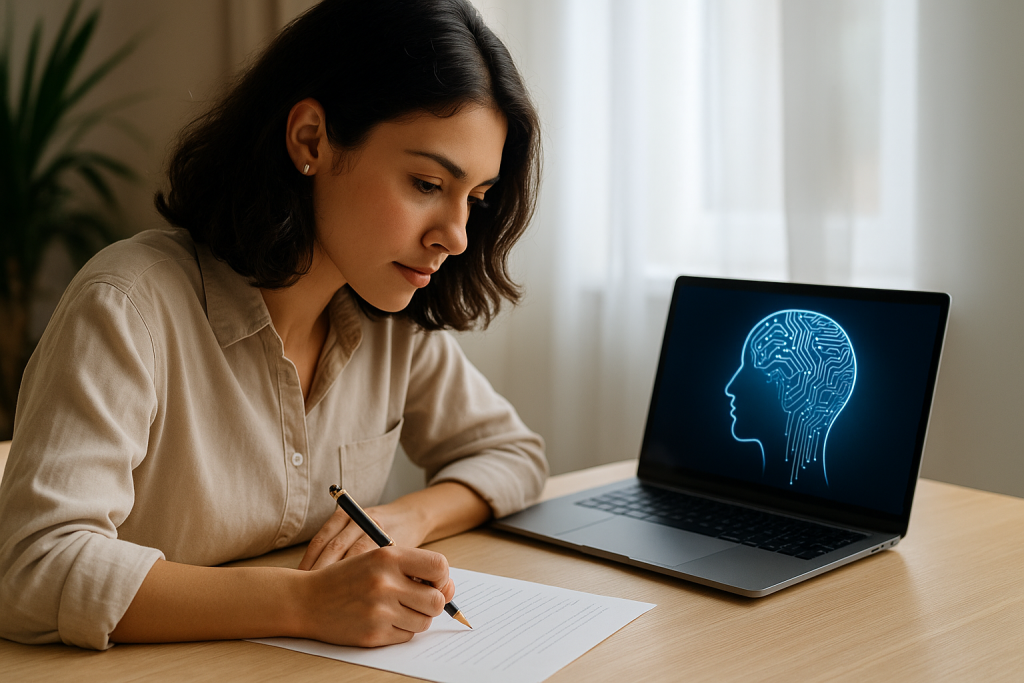 Escritora sentada frente a laptop en un espacio iluminado, interactuando con gráficos de inteligencia artificial