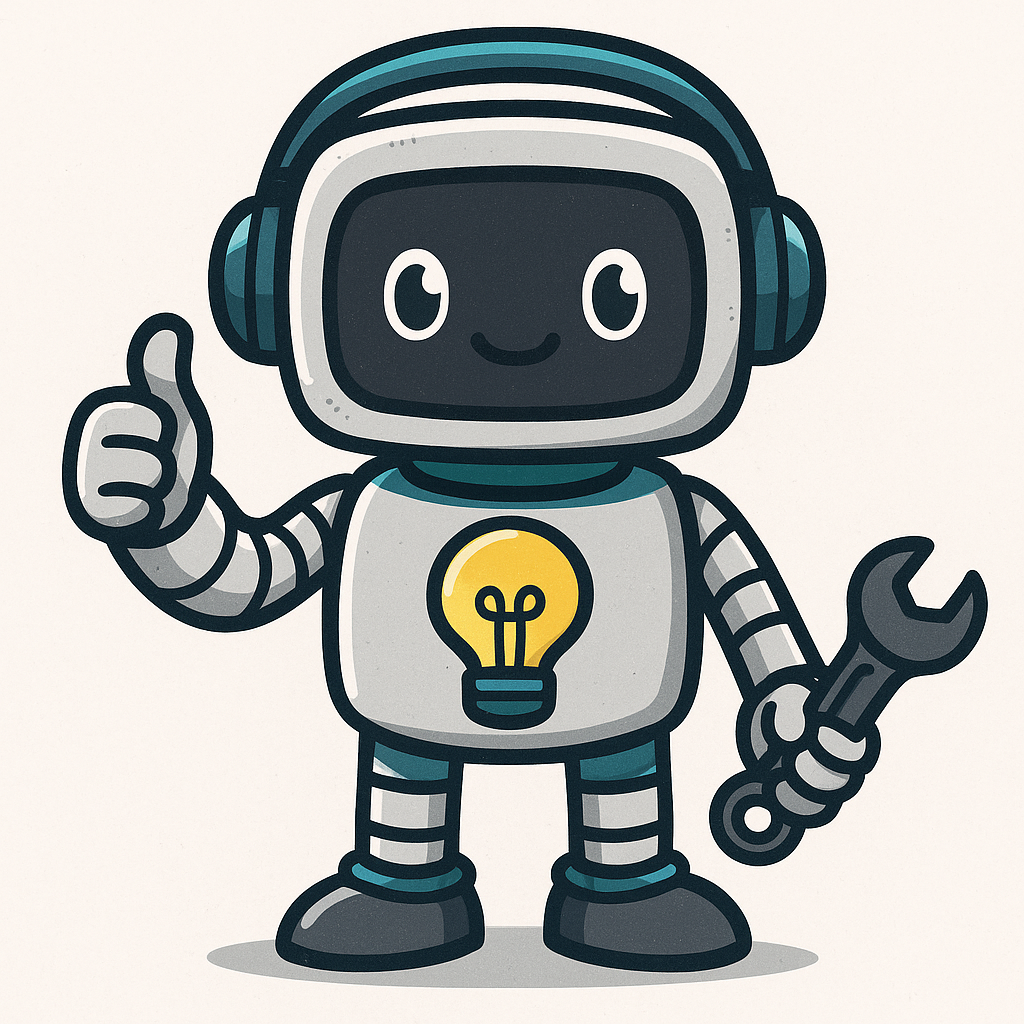 Ilustración de un robot simpático con bombilla en el pecho y una llave en la mano, representando herramientas de inteligencia artificial para escritores